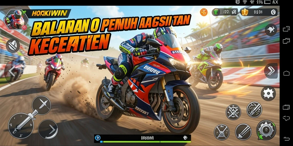 Gameplay HOKIWIN menampilkan balapan motor yang mendebarkan.