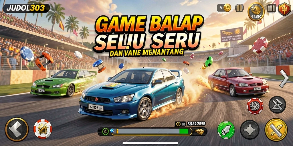 Screenshot gameplay seru dari JUDOL303 dengan mobil balap yang sedang melaju.