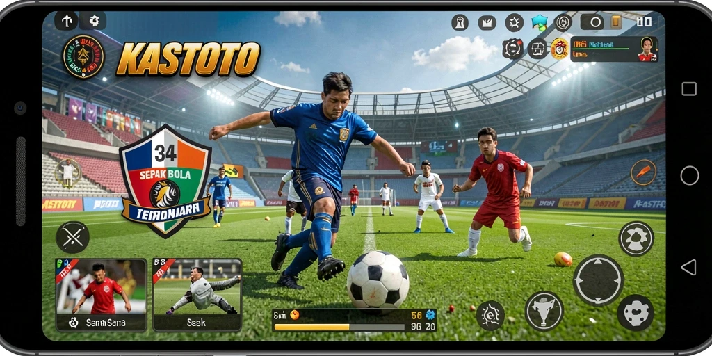 Tangkapan layar KASTOTO dengan gameplay sepak bola yang memukau.