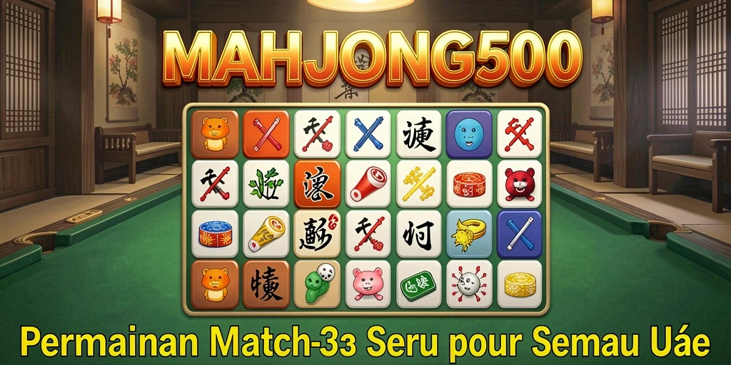 Tampilan seru gameplay <strong>MAHJONG500</strong> dengan elemen Match-3 yang menarik.