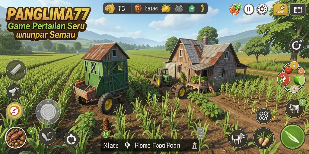 Screenshot utama dari gameplay pertanian yang penuh warna dan interaktif.